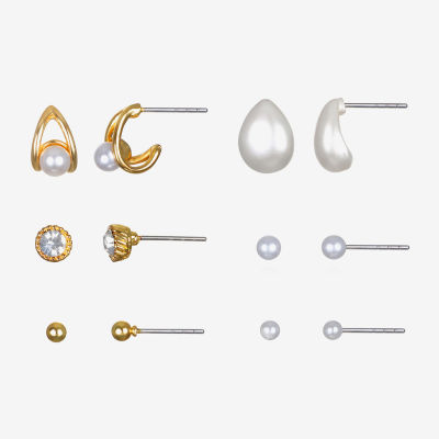 Bijoux Bar Delicates Gold Tone 6 Pair Glass Simulated Pearl Round Earring Set