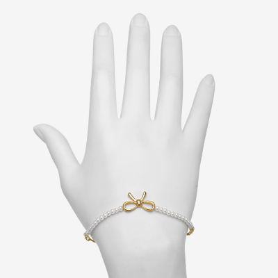 Bijoux Bar Gold Tone Simulated Pearl Link Bow Bolo Bracelet