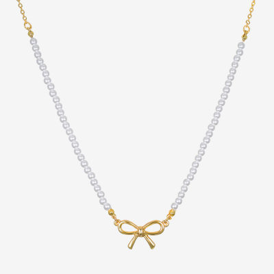 Bijoux Bar Delicates Gold Tone Simulated Pearl 16 Inch Link Bow Pendant Necklace