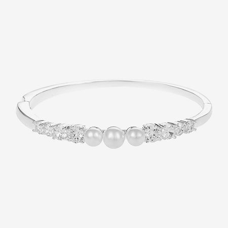 Sparkle Allure Womens Cubic Zirconia Simulated Pearl Silver Tone Pure Silver Over Brass Round Bangle Bracelet