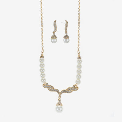 Monet® Simulated Pearl and Crystal Gold-Tone Drop Earring and Necklace Set