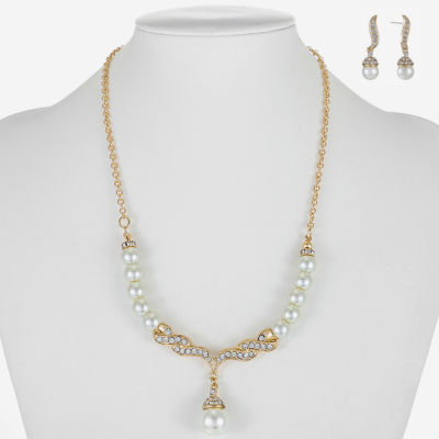 Monet® Simulated Pearl and Crystal Gold-Tone Drop Earring and Necklace Set