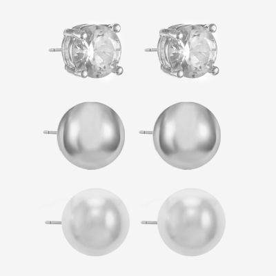 Monet® Simulated Pearl and Crystal Silver-Tone 3 pr. Stud Earring Set