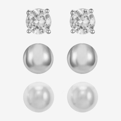 Monet® Simulated Pearl and Crystal Silver-Tone 3 pr. Stud Earring Set