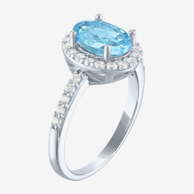 Womens Genuine Blue Topaz Sterling Silver Oval Halo Side Stone Cocktail Ring