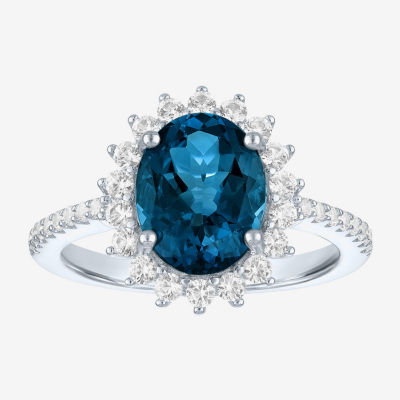 Womens Genuine Blue Topaz Sterling Silver Oval Halo Side Stone Cocktail Ring