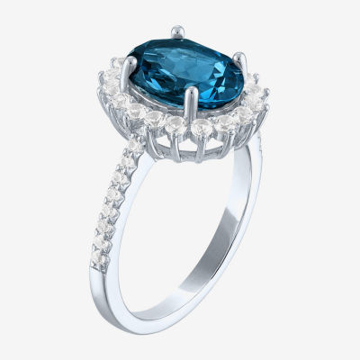 Womens Genuine Blue Topaz Sterling Silver Oval Halo Side Stone Cocktail Ring