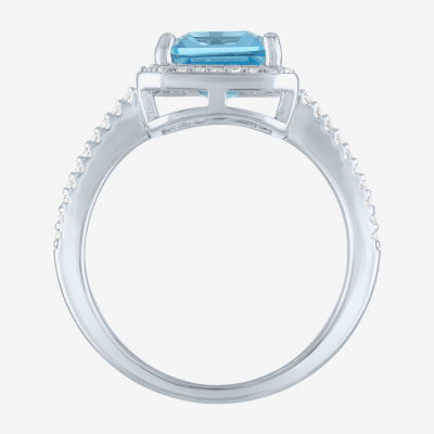 Womens Genuine Blue Topaz Sterling Silver Halo Side Stone Cocktail Ring