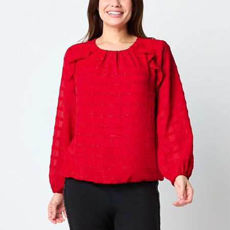 Liz Claiborne Womens Round Neck Long Sleeve Blouse, Petite Small, Red