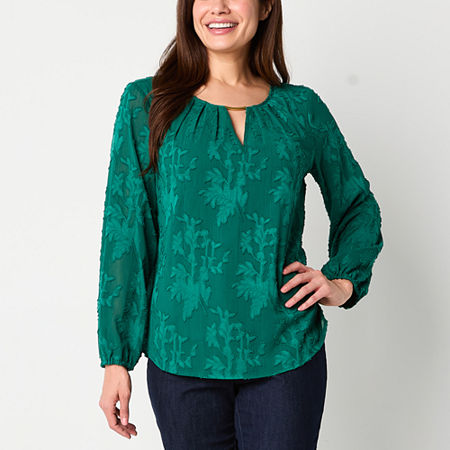 Liz Claiborne Womens Keyhole Neck Long Sleeve Blouse, Medium, Green