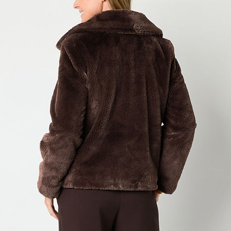 Liz Claiborne Faux Fur Midweight Womens Faux Fur Coat, Petite Large, Brown