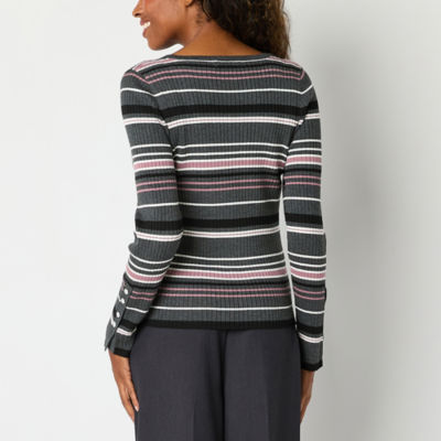 Liz Claiborne Womens Square Neck Long Sleeve Striped Pullover Sweater