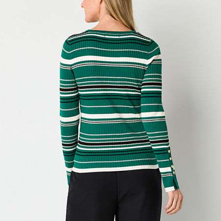 Liz Claiborne Womens Square Neck Long Sleeve Pullover Sweater, Petite Medium, Green