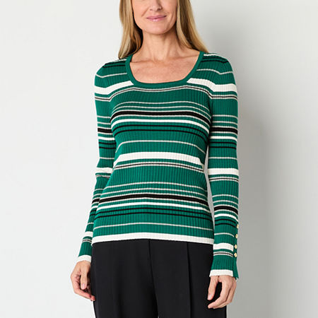 Liz Claiborne Womens Square Neck Long Sleeve Pullover Sweater, Petite Medium, Green