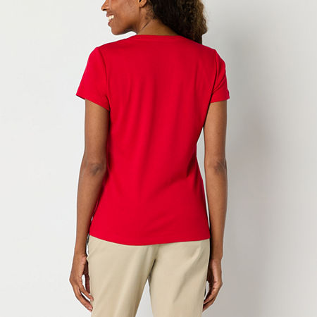 St. John's Bay Womens V Neck Short Sleeve T-Shirt, Petite Small, Red