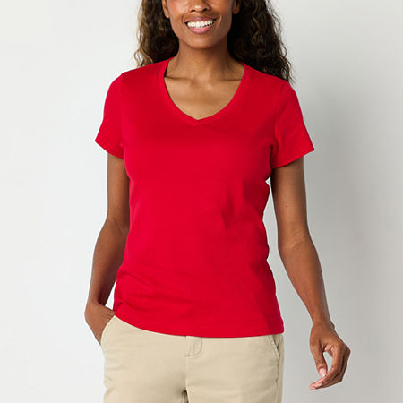 St. John's Bay Womens V Neck Short Sleeve T-Shirt, Petite Small, Red