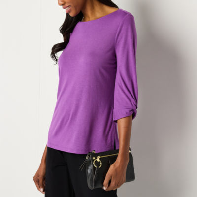 Liz Claiborne Womens Round Neck Short Sleeve Petite Blouse