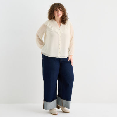 Frye and Co. Womens Plus V Neck Long Sleeve Blouse