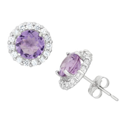 Genuine Purple Amethyst 10K White Gold 9mm Stud Earrings