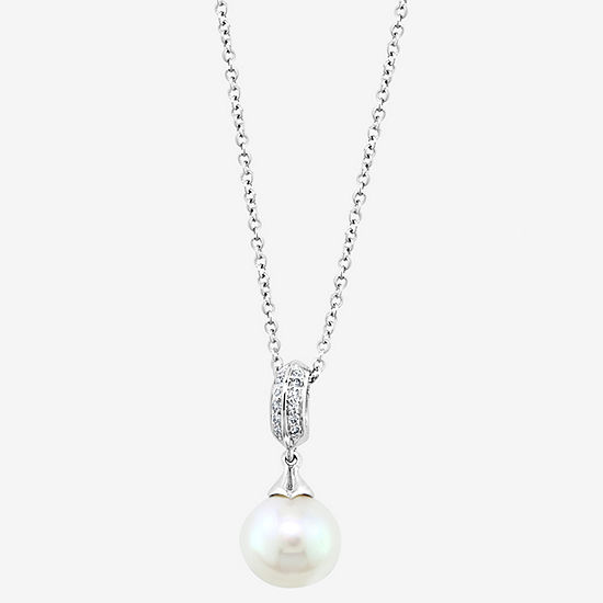 Effy  Womens Diamond Accent Genuine White Cultured Freshwater Pearl Sterling Silver Pendant Necklace