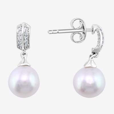 Effy Final Call Womens Diamond Accent White Cultured Freshwater Pearl Sterling Silver Ball Drop Earrings