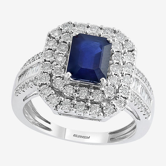 Effy Womens 1/2 CT. T.W. Diamond & Genuine Blue Sapphire 14K White Gold Cocktail Ring