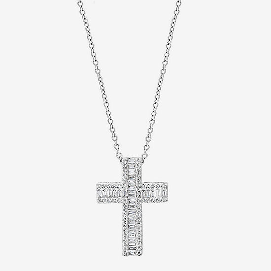 Effy  Womens 3/8 CT. T.W. Mined Diamond 14K White Gold Cross Pendant Necklace