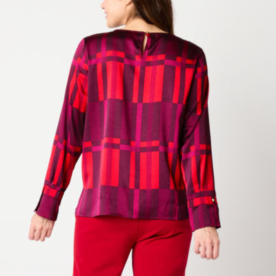 Liz Claiborne Womens Crew Neck Long Sleeve Satin Blouse