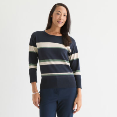 Liz Claiborne Womens Crew Neck 3/4 Sleeve Striped Pullover Sweater