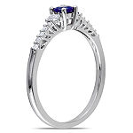 Modern Bride Gemstone Womens Diamond Accent Lab Created Blue Sapphire Sterling Silver Round Side Stone Promise Ring