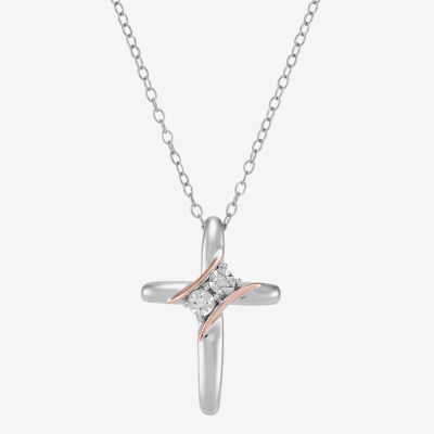 Womens Diamond Accent Natural White Diamond 14K Rose Gold Over Silver Sterling Silver Cross Pendant Necklace