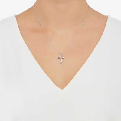 Womens Diamond Accent Natural White Diamond 14K Rose Gold Over Silver Sterling Silver Cross Pendant Necklace