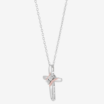 Womens Diamond Accent Natural White Diamond 14K Rose Gold Over Silver Sterling Silver Cross Pendant Necklace