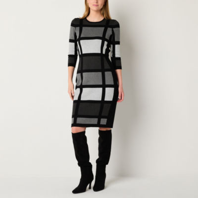 Danny & Nicole Womens 3/4 Sleeve Windowpane Sweater Dress