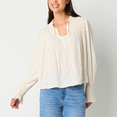 a.n.a Womens Split Tie Neck Long Sleeve Blouse