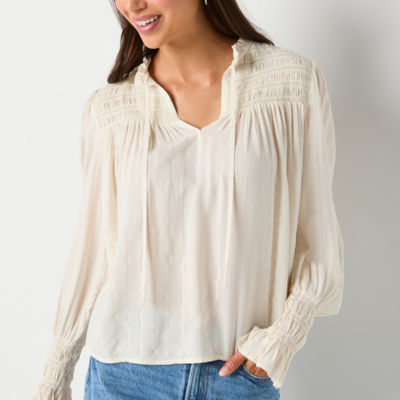 a.n.a Womens Split Tie Neck Long Sleeve Blouse