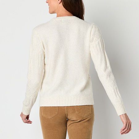 St. John's Bay Womens Crew Neck Long Sleeve Pullover Sweater, Petite Small, Beige