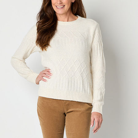 St. John's Bay Womens Crew Neck Long Sleeve Pullover Sweater, Petite Small, Beige