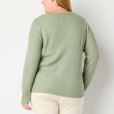 St. John's Bay Plus Womens V Neck Long Sleeve Cable Knit Pullover Sweater