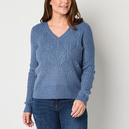 St. John's Bay Womens V Neck Long Sleeve Pullover Sweater, Petite X-small, Blue