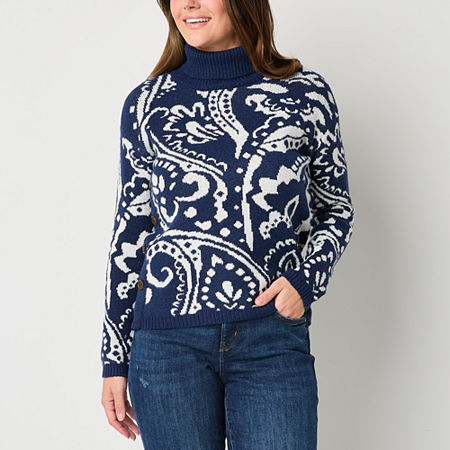 St. John's Bay Womens Long Sleeve Floral Pullover Sweater, Petite X-small, Blue