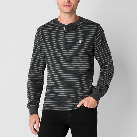 U.S. Polo Assn. Stripe Mens Henley Neck Long Sleeve Embroidered Classic Fit Thermal Top, Large, Black