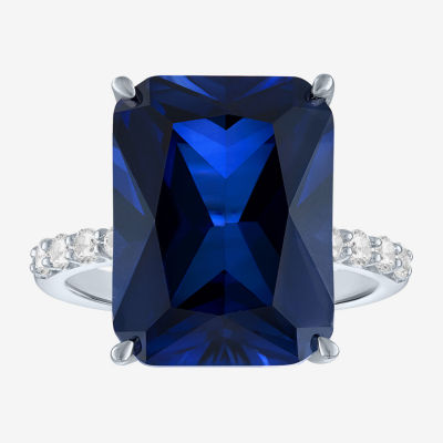Womens Lab Created Blue Sapphire Sterling Silver Side Stone Cocktail Ring