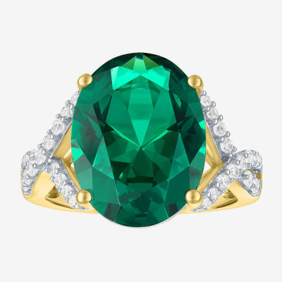 Womens Simulated Green Emerald 14K Gold Over Silver Oval Side Stone Cocktail Ring