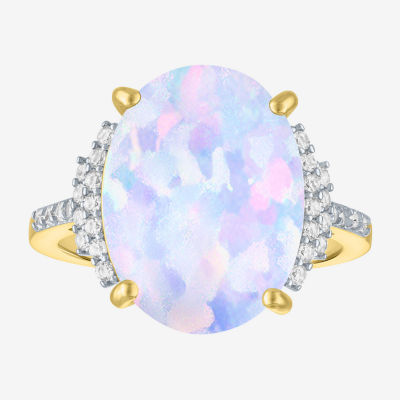 Womens Lab Created White Opal 14K Gold Over Silver Oval Side Stone Cocktail Ring