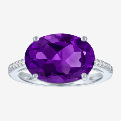 Womens Genuine Purple Amethyst Sterling Silver Oval Side Stone Cocktail Ring