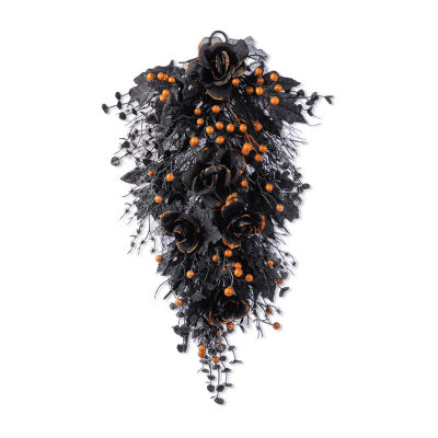 Glitzhome 28"H Halloween Black Rose And Berry Swag Wall Sign