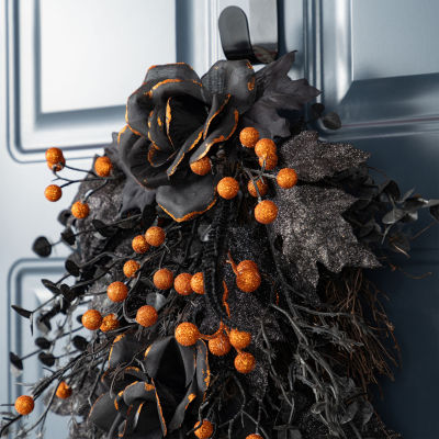 Glitzhome 28"H Halloween Black Rose And Berry Swag Wall Sign