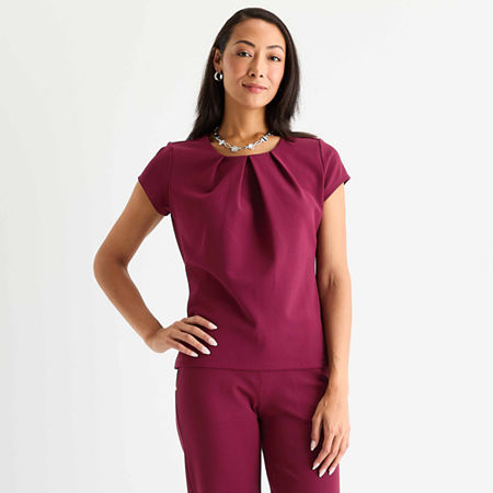 Liz Claiborne Womens Petite Round Neck Short Sleeve Blouse