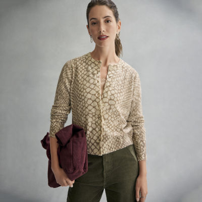a.n.a Womens Crew Neck Long Sleeve Button Animal Cardigan